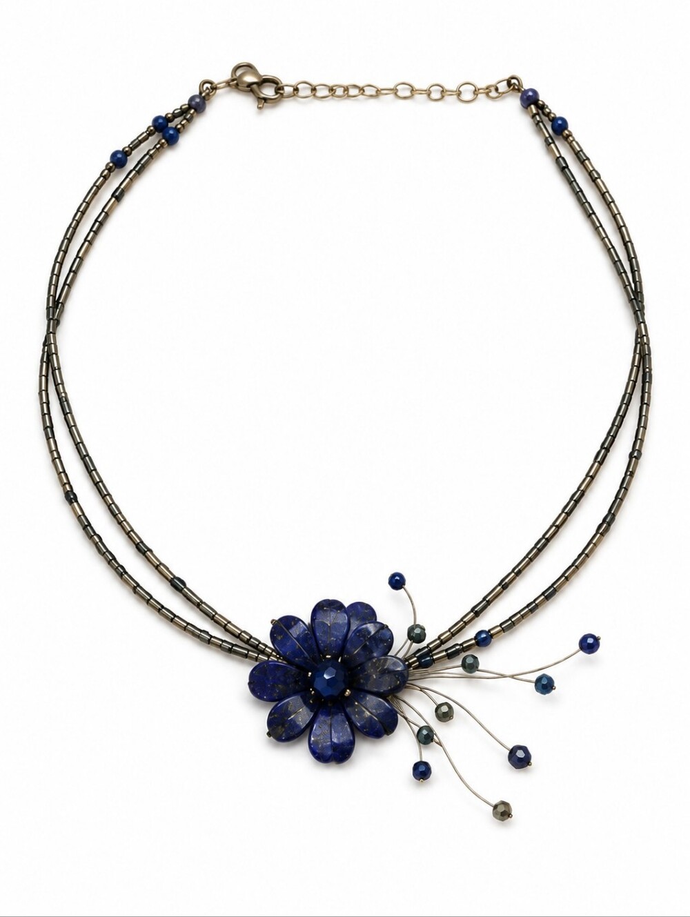 Lapis Lazuli Flower Double Strand Beaded Statement Necklace 16–18”